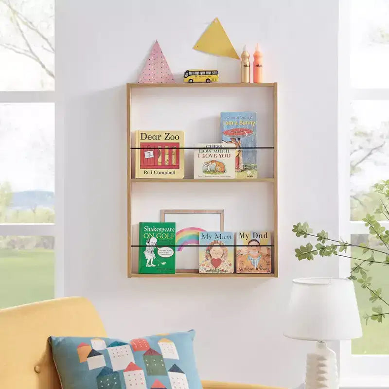 Libreria espositiva a parete a 2 ripiani, faggio e nero, per bambini