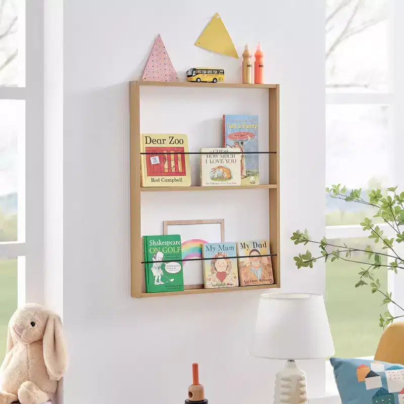 Libreria espositiva a parete a 2 ripiani, faggio e nero, per bambini