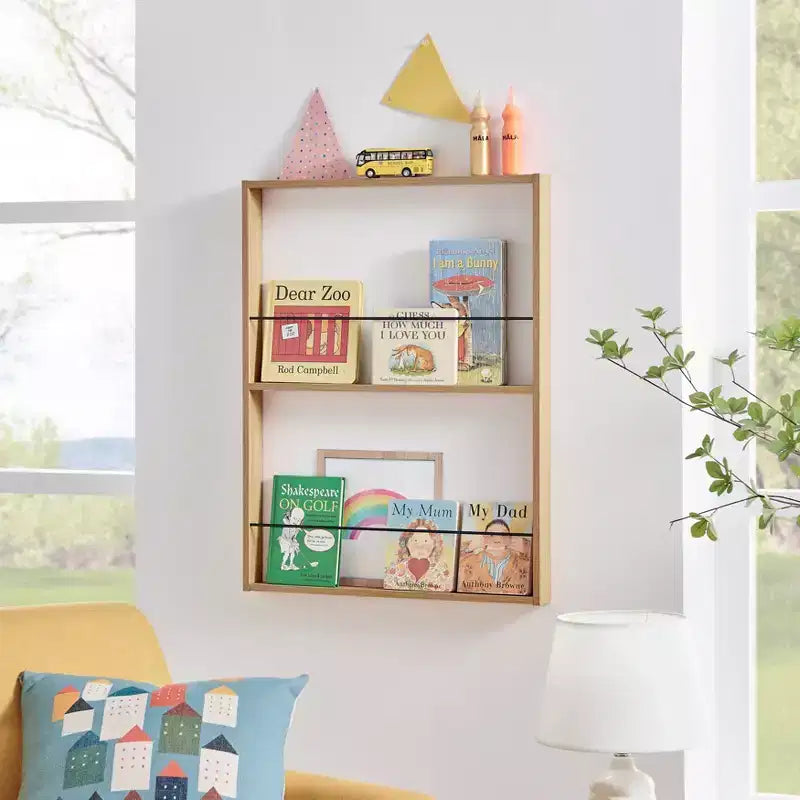 Libreria espositiva a parete a 2 ripiani, faggio e nero, per bambini