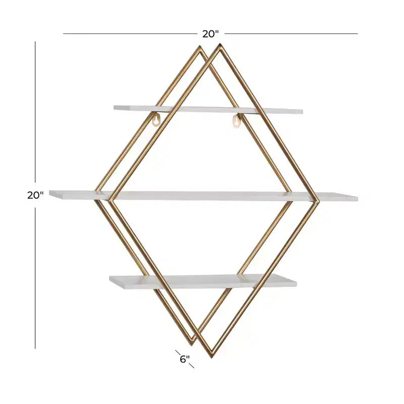 Mensola a muro geometrica a 3 ripiani in oro e diamanti bianchi