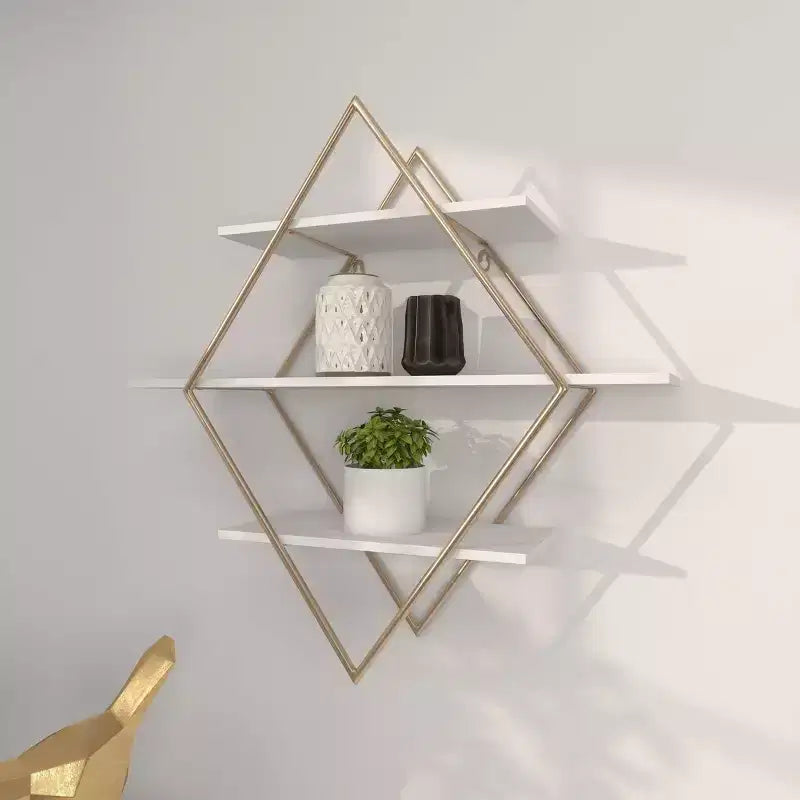 Mensola a muro geometrica a 3 ripiani in oro e diamanti bianchi