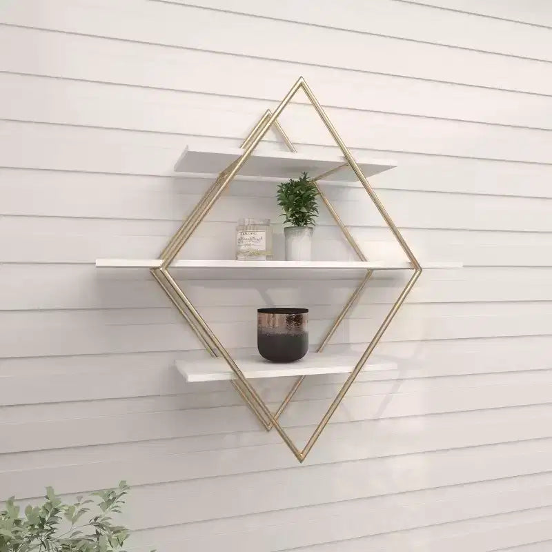 Mensola a muro geometrica a 3 ripiani in oro e diamanti bianchi