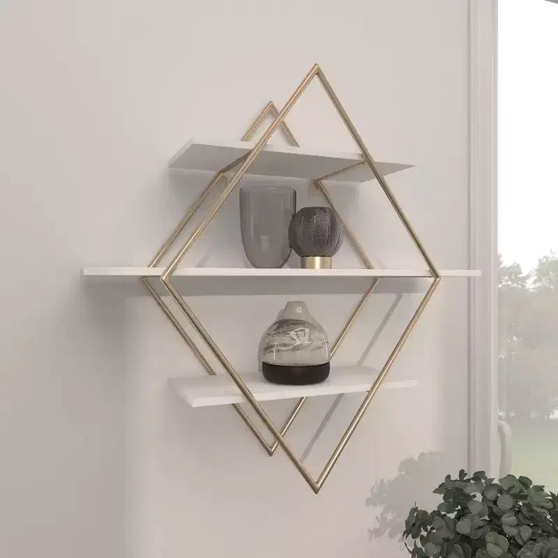 Mensola a muro geometrica a 3 ripiani in oro e diamanti bianchi