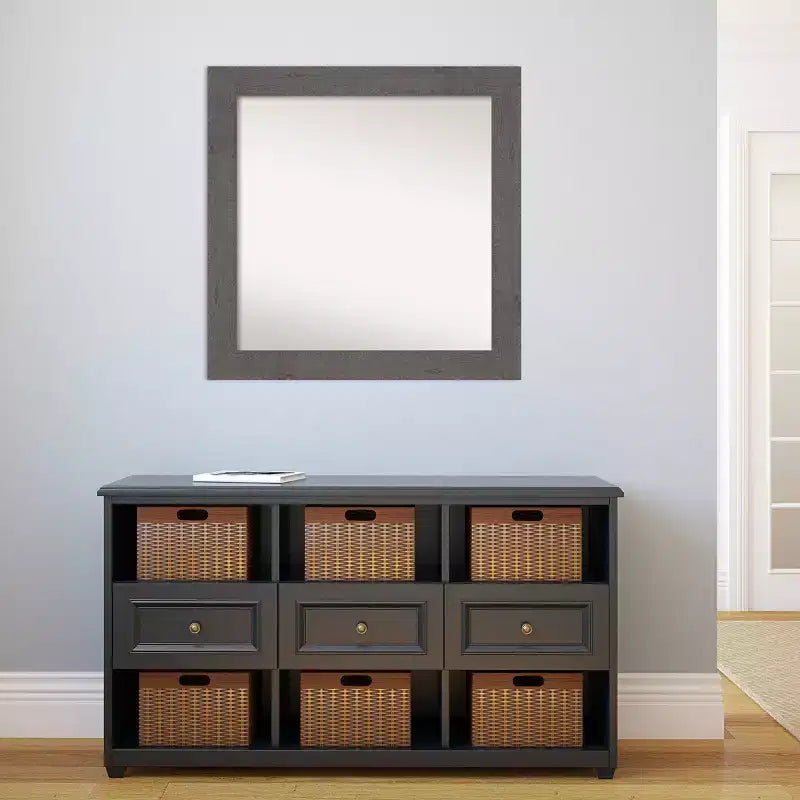 Specchio da parete quadrato grigio, cornice rustica effetto legno, singolo