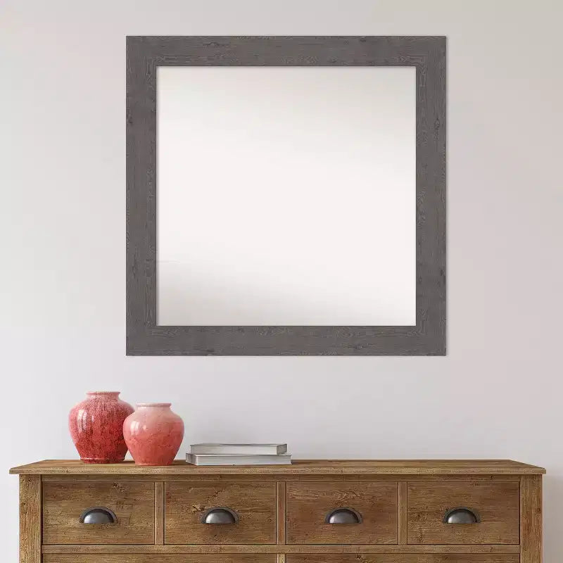 Specchio da parete quadrato grigio, cornice rustica effetto legno, singolo