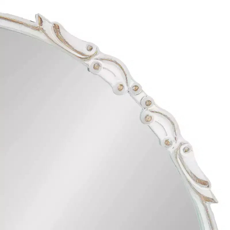 Specchio da Parete Rotondo Ornato da 24", Bianco Anticato, Cornice in Metallo, Uso Individuale