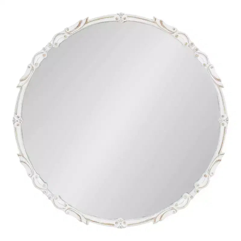 Specchio da Parete Rotondo Ornato da 24", Bianco Anticato, Cornice in Metallo, Uso Individuale
