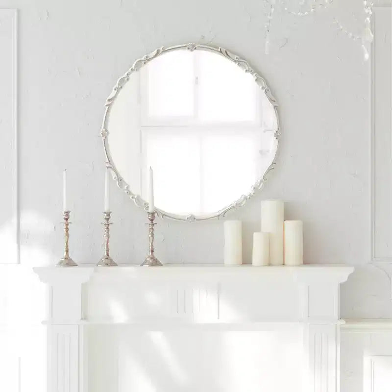 Specchio da Parete Rotondo Ornato da 24", Bianco Anticato, Cornice in Metallo, Uso Individuale