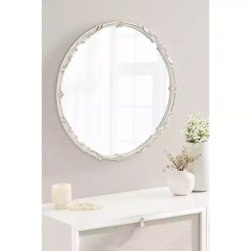 Specchio da Parete Rotondo Ornato da 24", Bianco Anticato, Cornice in Metallo, Uso Individuale