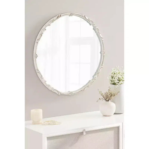 Specchio da Parete Rotondo Ornato da 24", Bianco Anticato, Cornice in Metallo, Uso Individuale
