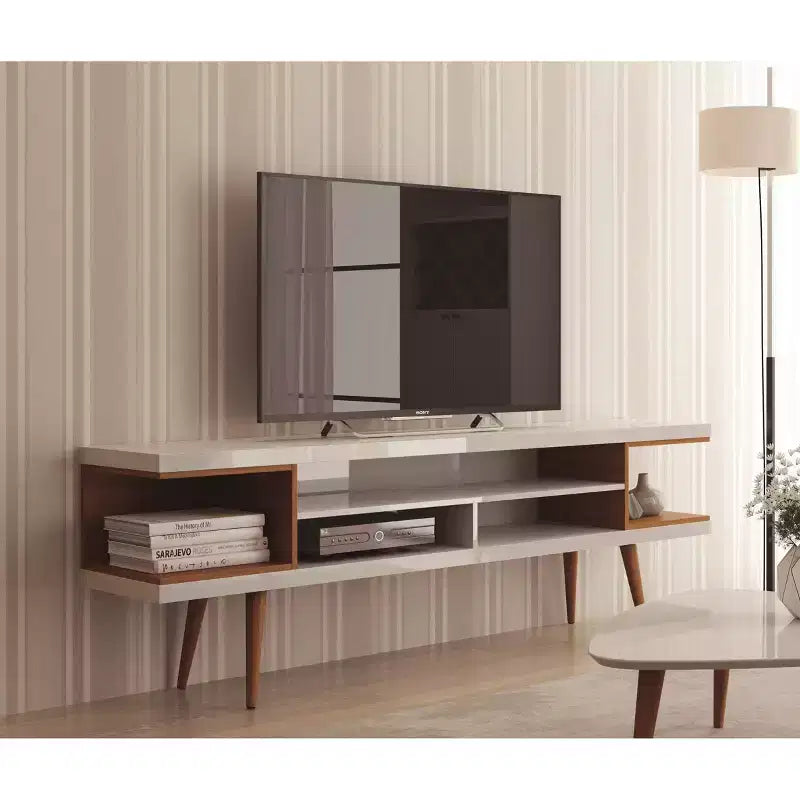 Mobile TV laccato bianco e acero crema per TV da 65", autoportante, montaggio da 1 persona