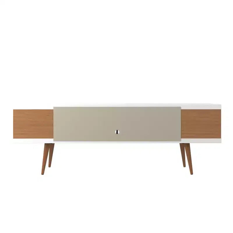 Mobile TV laccato bianco e acero crema per TV da 65", autoportante, montaggio da 1 persona