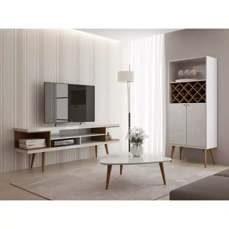 Mobile TV laccato bianco e acero crema per TV da 65", autoportante, montaggio da 1 persona