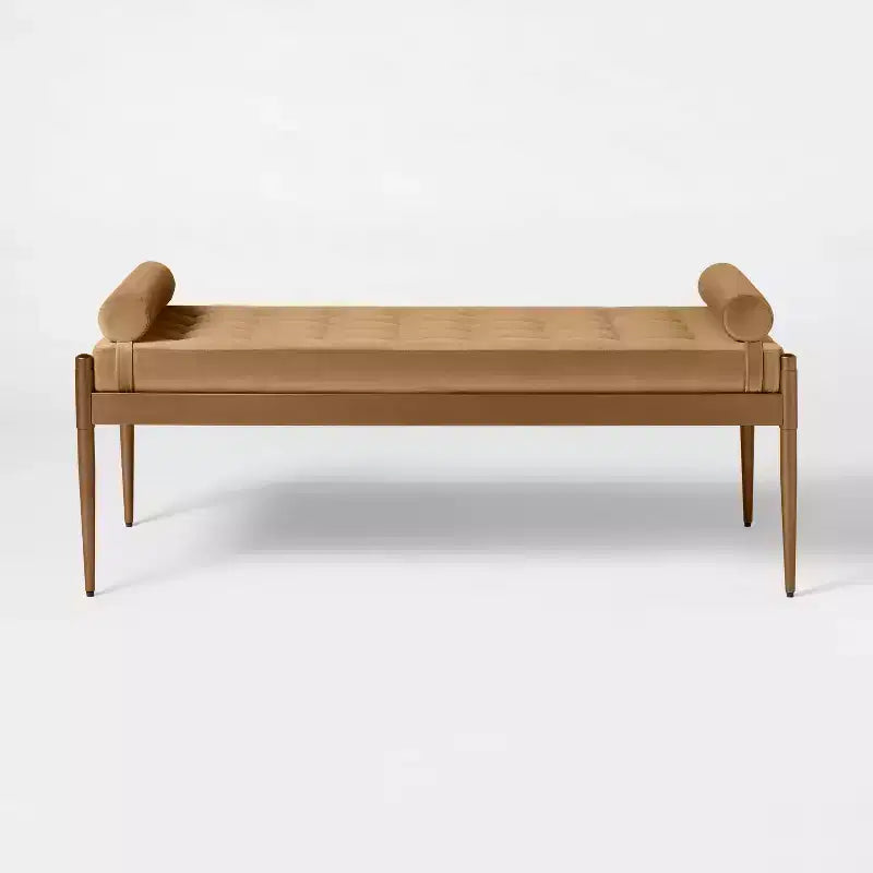 Panca trapuntata in velluto beige, telaio in ottone anticato, 1 posto