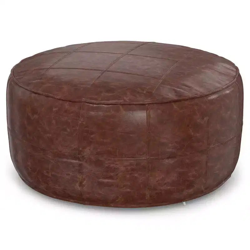 Pouf Ottomano Rotondo in Pelle, Marrone Vintage, 1 Posto a Sedere