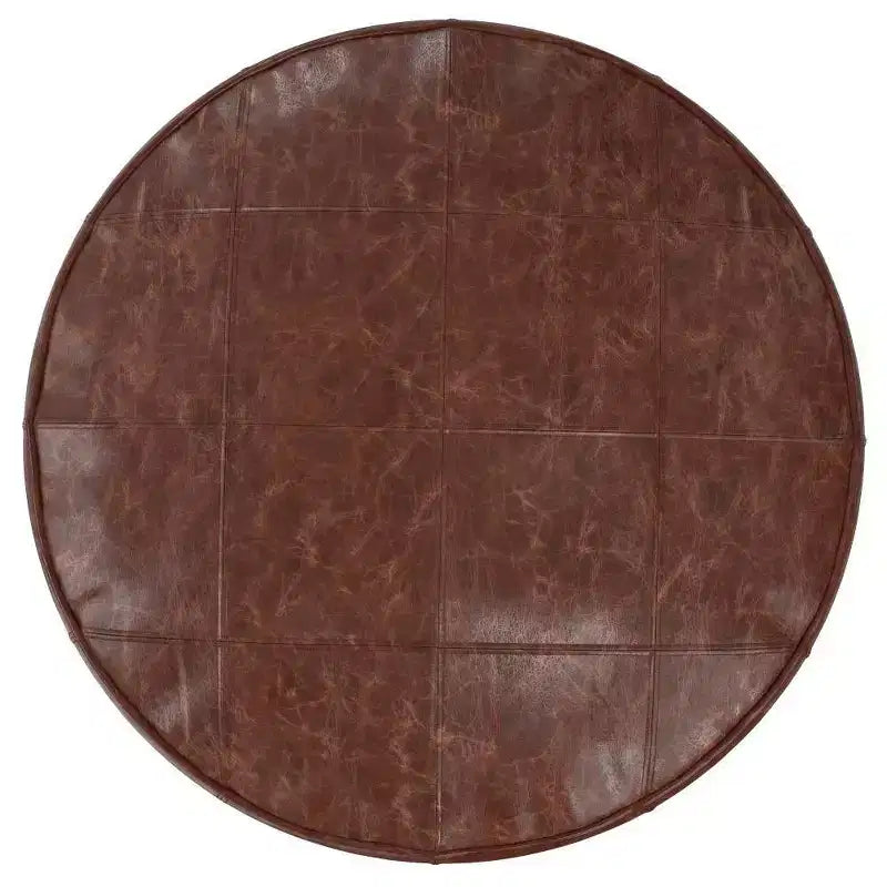 Pouf Ottomano Rotondo in Pelle, Marrone Vintage, 1 Posto a Sedere