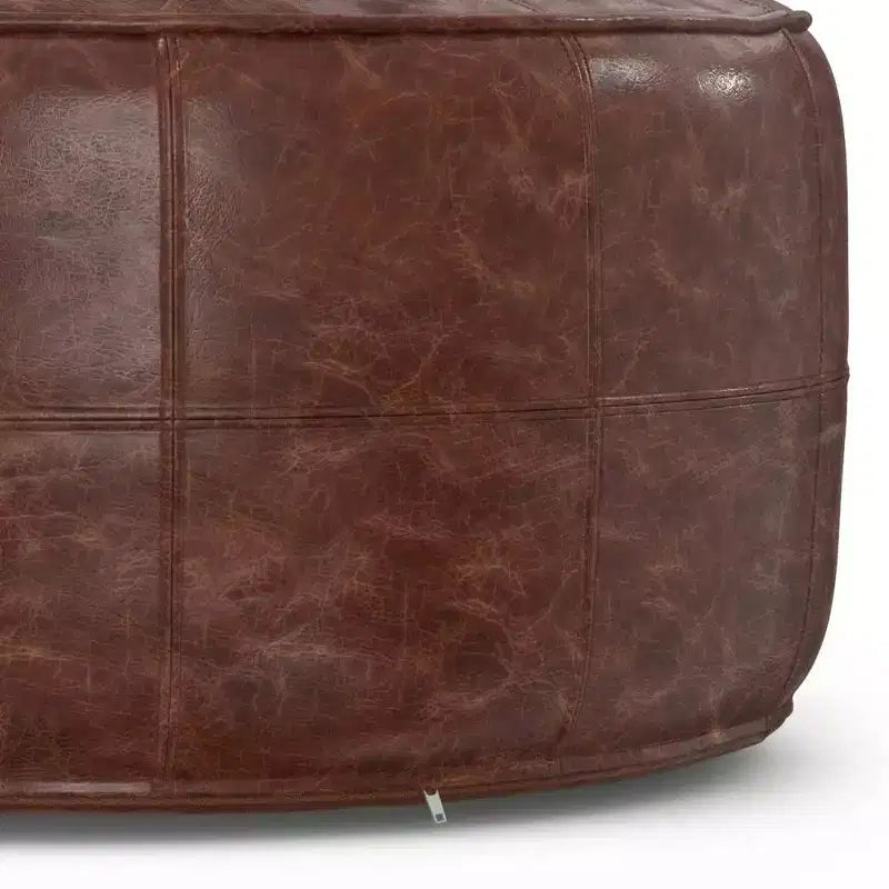 Pouf Ottomano Rotondo in Pelle, Marrone Vintage, 1 Posto a Sedere