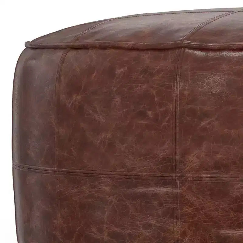 Pouf Ottomano Rotondo in Pelle, Marrone Vintage, 1 Posto a Sedere