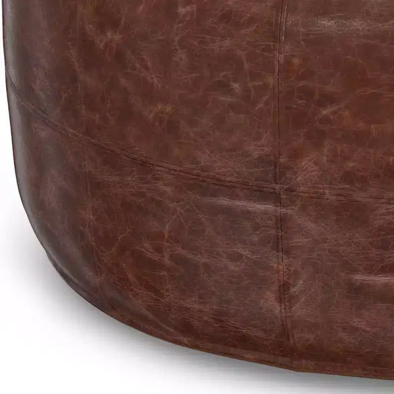 Pouf Ottomano Rotondo in Pelle, Marrone Vintage, 1 Posto a Sedere