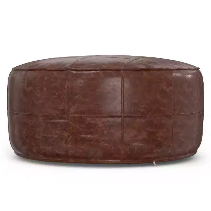 Pouf Ottomano Rotondo in Pelle, Marrone Vintage, 1 Posto a Sedere