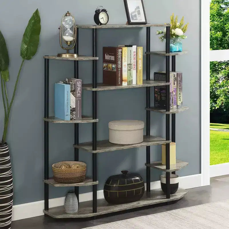 Libreria espositiva a 10 ripiani da 133 cm con pali neri – Barnwood / Finto Betulla / Bianco
