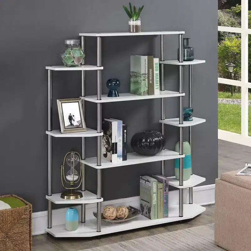 Libreria espositiva a 10 ripiani da 133 cm con pali neri – Barnwood / Finto Betulla / Bianco