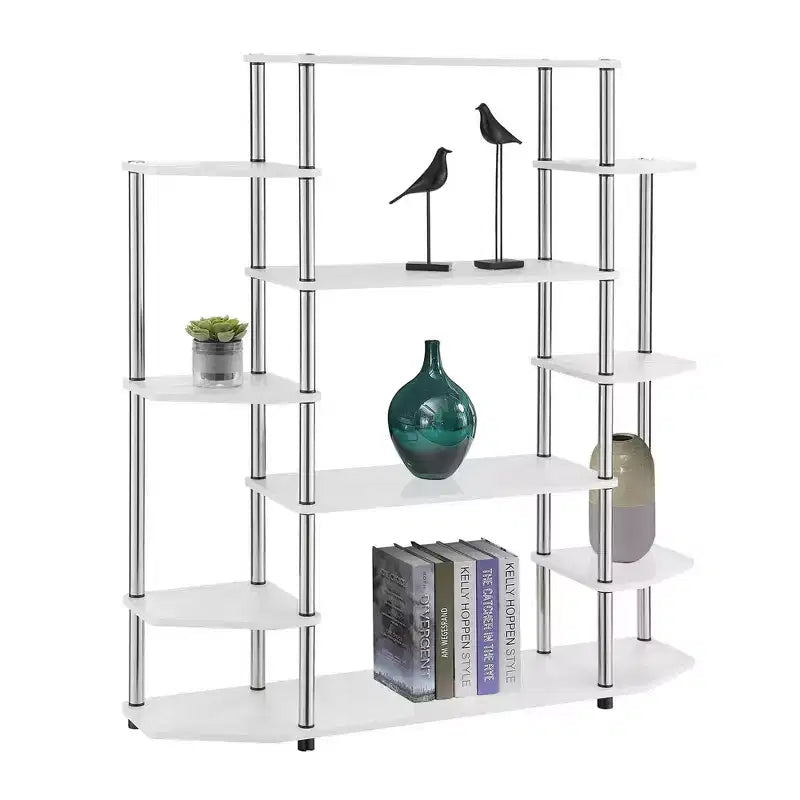 Libreria espositiva a 10 ripiani da 133 cm con pali neri – Barnwood / Finto Betulla / Bianco