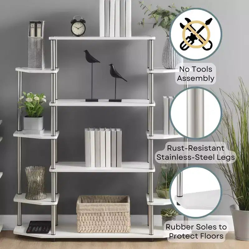 Libreria espositiva a 10 ripiani da 133 cm con pali neri – Barnwood / Finto Betulla / Bianco