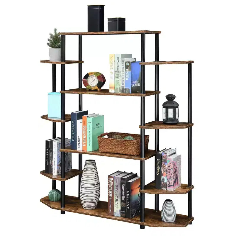 Libreria espositiva a 10 ripiani da 133 cm con pali neri – Barnwood / Finto Betulla / Bianco