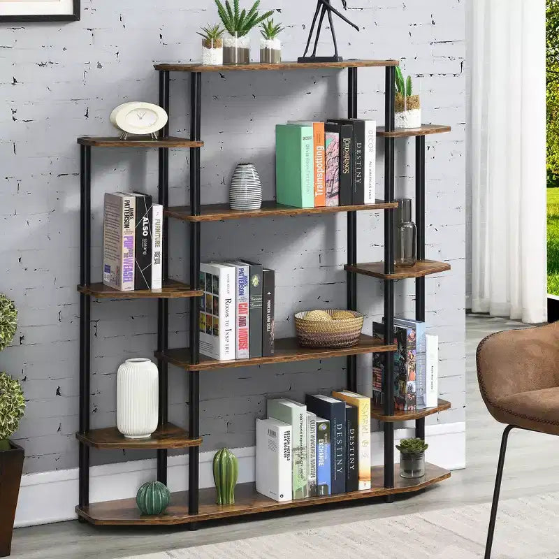 Libreria espositiva a 10 ripiani da 133 cm con pali neri – Barnwood / Finto Betulla / Bianco
