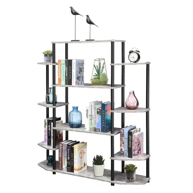 Libreria espositiva a 10 ripiani da 133 cm con pali neri – Barnwood / Finto Betulla / Bianco