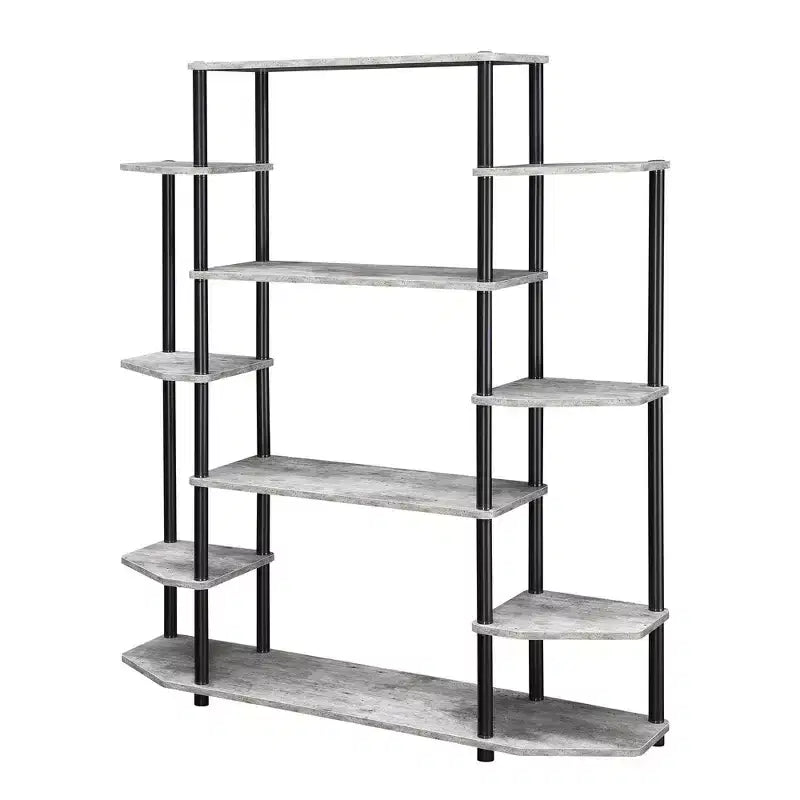 Libreria espositiva a 10 ripiani da 133 cm con pali neri – Barnwood / Finto Betulla / Bianco