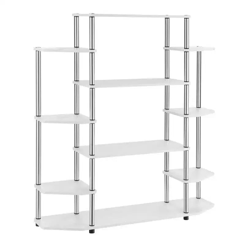 Libreria espositiva a 10 ripiani da 133 cm con pali neri – Barnwood / Finto Betulla / Bianco