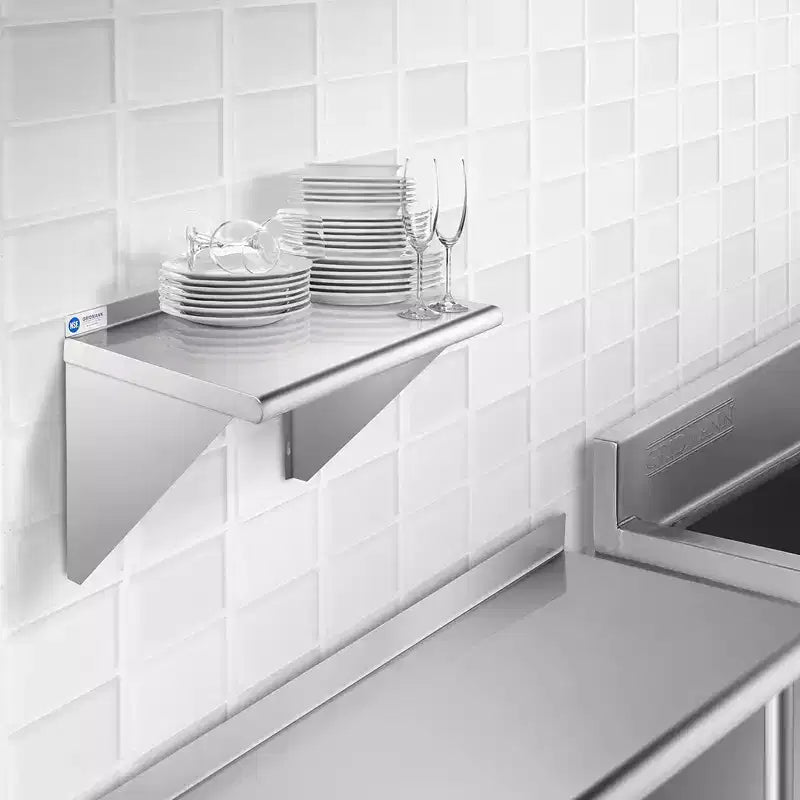 Mensola da parete in acciaio inox argentato con alzatina, profondità 18" – Installazione con 1 persona