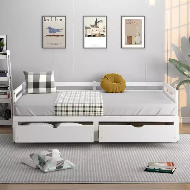 Daybed allungabile gemello-king in ciliegio/bianco con 2 cassetti portaoggetti, per 1-2 persone