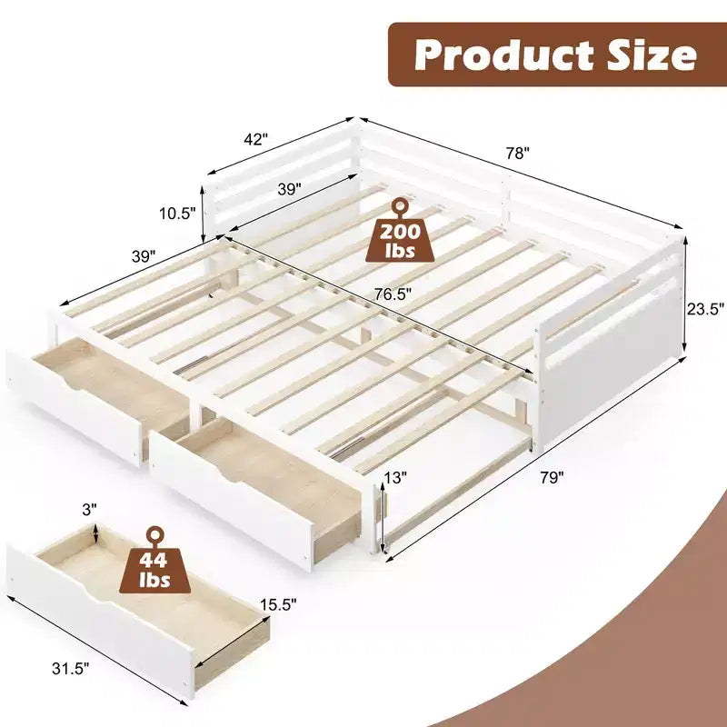 Daybed allungabile gemello-king in ciliegio/bianco con 2 cassetti portaoggetti, per 1-2 persone