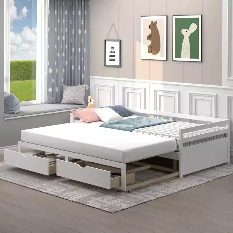 Daybed allungabile gemello-king in ciliegio/bianco con 2 cassetti portaoggetti, per 1-2 persone