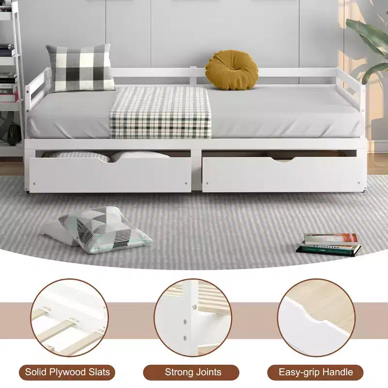Daybed allungabile gemello-king in ciliegio/bianco con 2 cassetti portaoggetti, per 1-2 persone