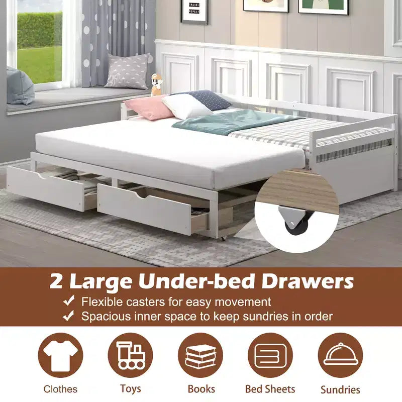 Daybed allungabile gemello-king in ciliegio/bianco con 2 cassetti portaoggetti, per 1-2 persone