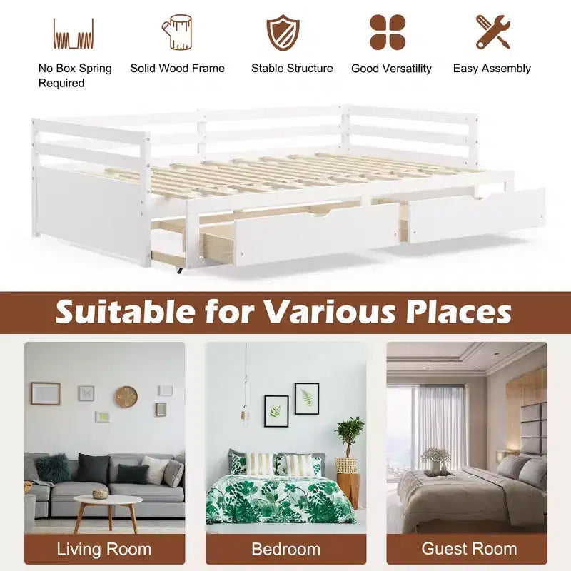 Daybed allungabile gemello-king in ciliegio/bianco con 2 cassetti portaoggetti, per 1-2 persone