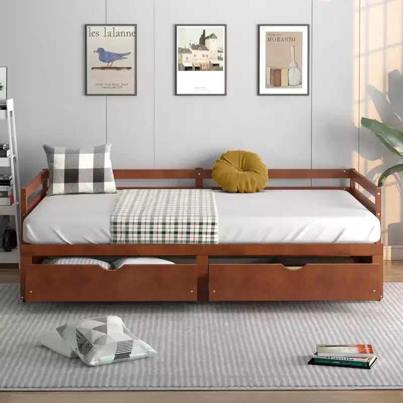 Daybed allungabile gemello-king in ciliegio/bianco con 2 cassetti portaoggetti, per 1-2 persone