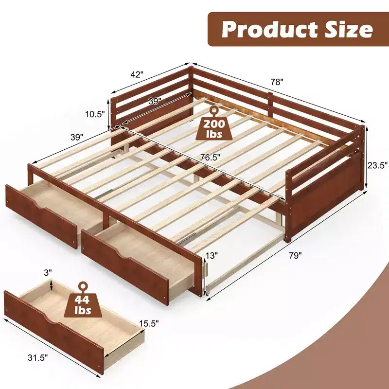 Daybed allungabile gemello-king in ciliegio/bianco con 2 cassetti portaoggetti, per 1-2 persone