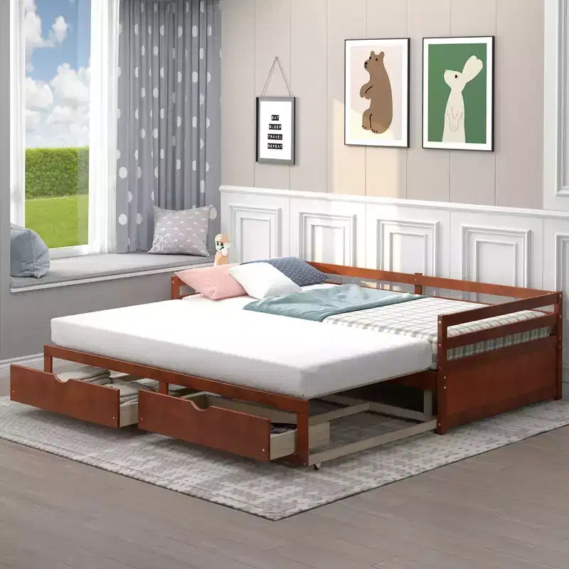 Daybed allungabile gemello-king in ciliegio/bianco con 2 cassetti portaoggetti, per 1-2 persone