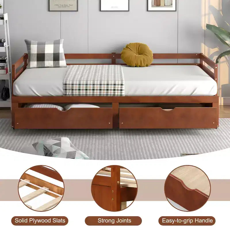 Daybed allungabile gemello-king in ciliegio/bianco con 2 cassetti portaoggetti, per 1-2 persone