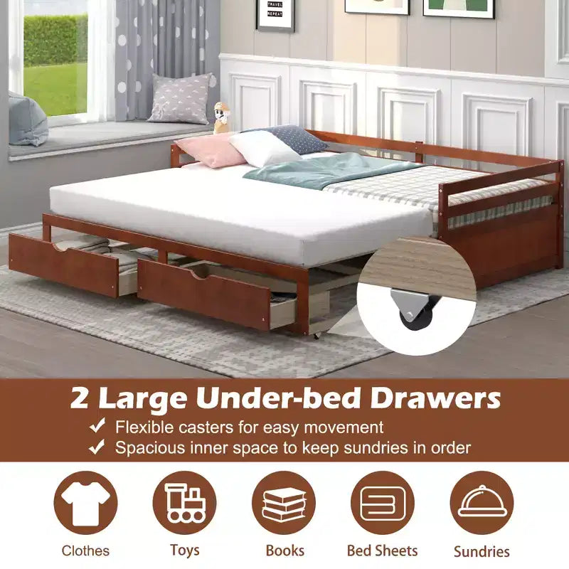 Daybed allungabile gemello-king in ciliegio/bianco con 2 cassetti portaoggetti, per 1-2 persone