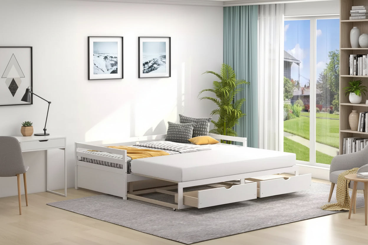 Daybed allungabile gemello-king in ciliegio/bianco con 2 cassetti portaoggetti, per 1-2 persone