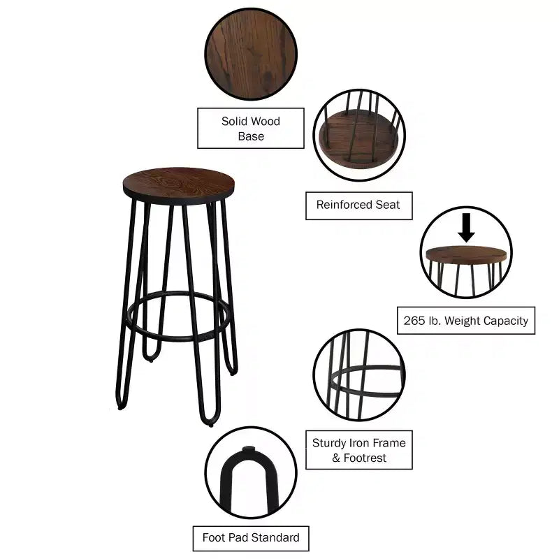 Sgabello da bancone senza schienale in noce scuro e ferro color caffè, set da 4