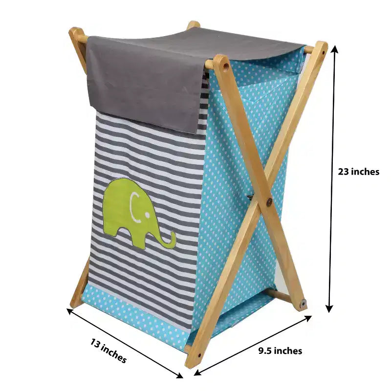 Cesto portabiancheria con stampa elefante acquamarina/verde lime/grigio con struttura in legno, 1 persona