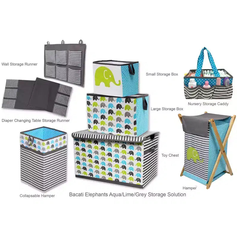 Cesto portabiancheria con stampa elefante acquamarina/verde lime/grigio con struttura in legno, 1 persona