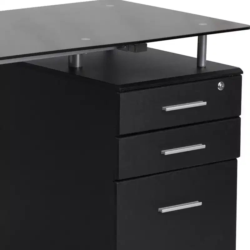 Scrivania per computer in vetro temperato nero con piedistallo a 3 cassetti, singola